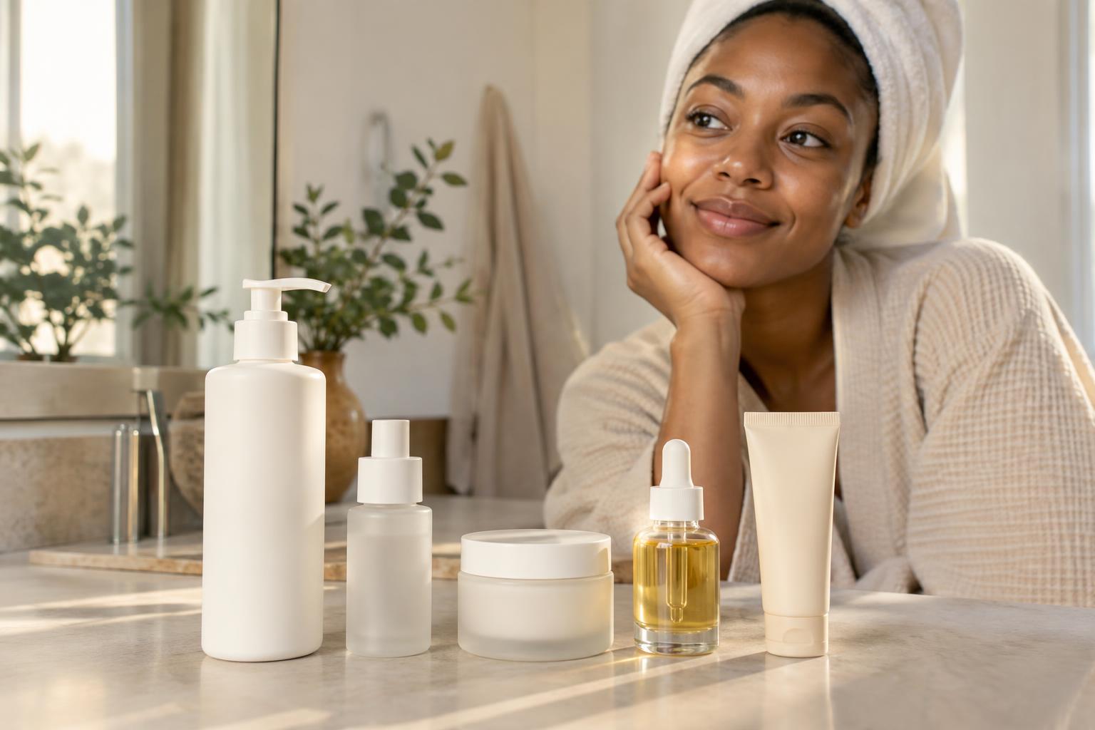 Cleanser, serums, moisturizer, face oil, and sunscreen arranged on a bathroom counter.