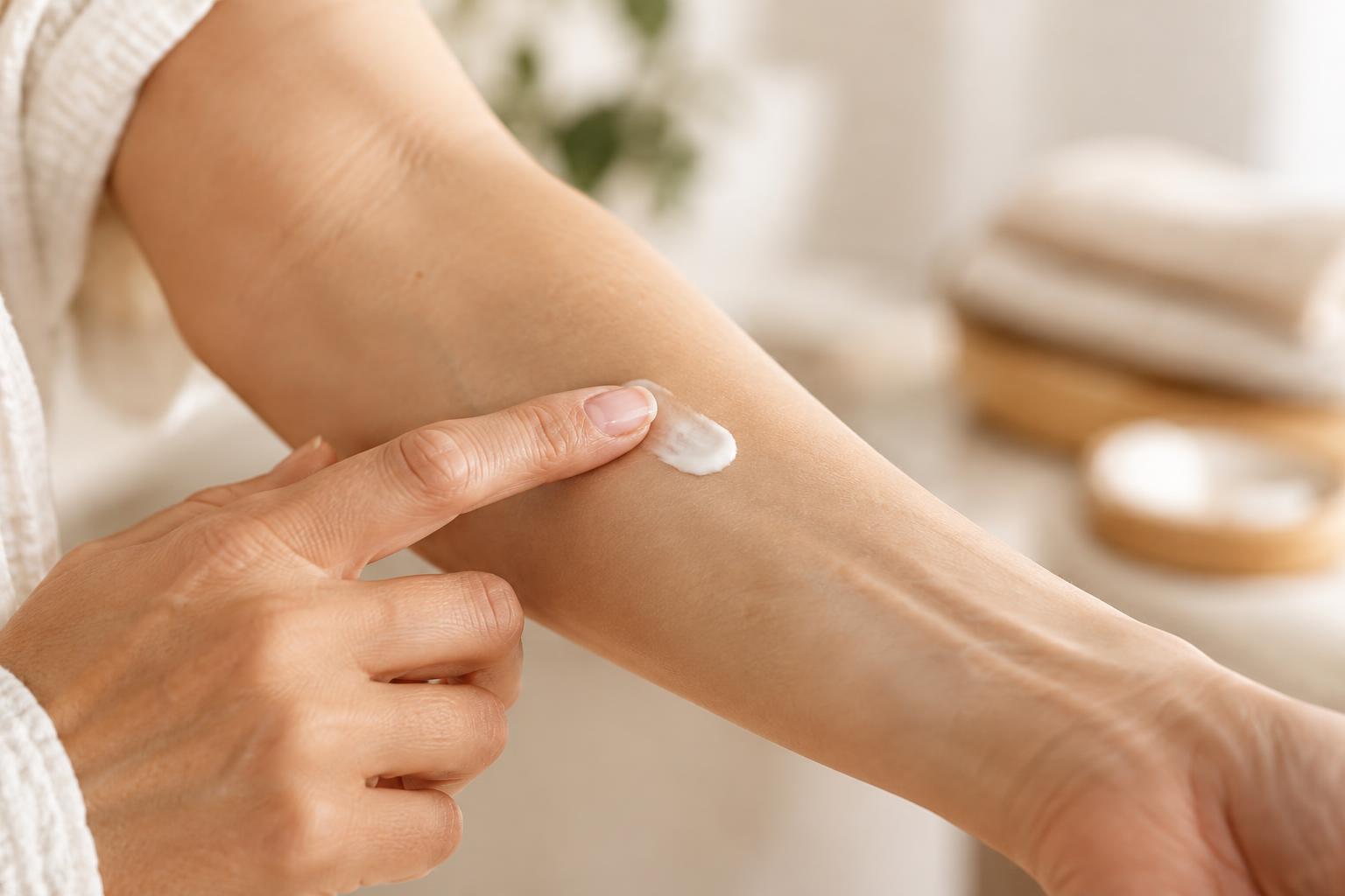 Applying moisturizer to the inner forearm for a patch test.