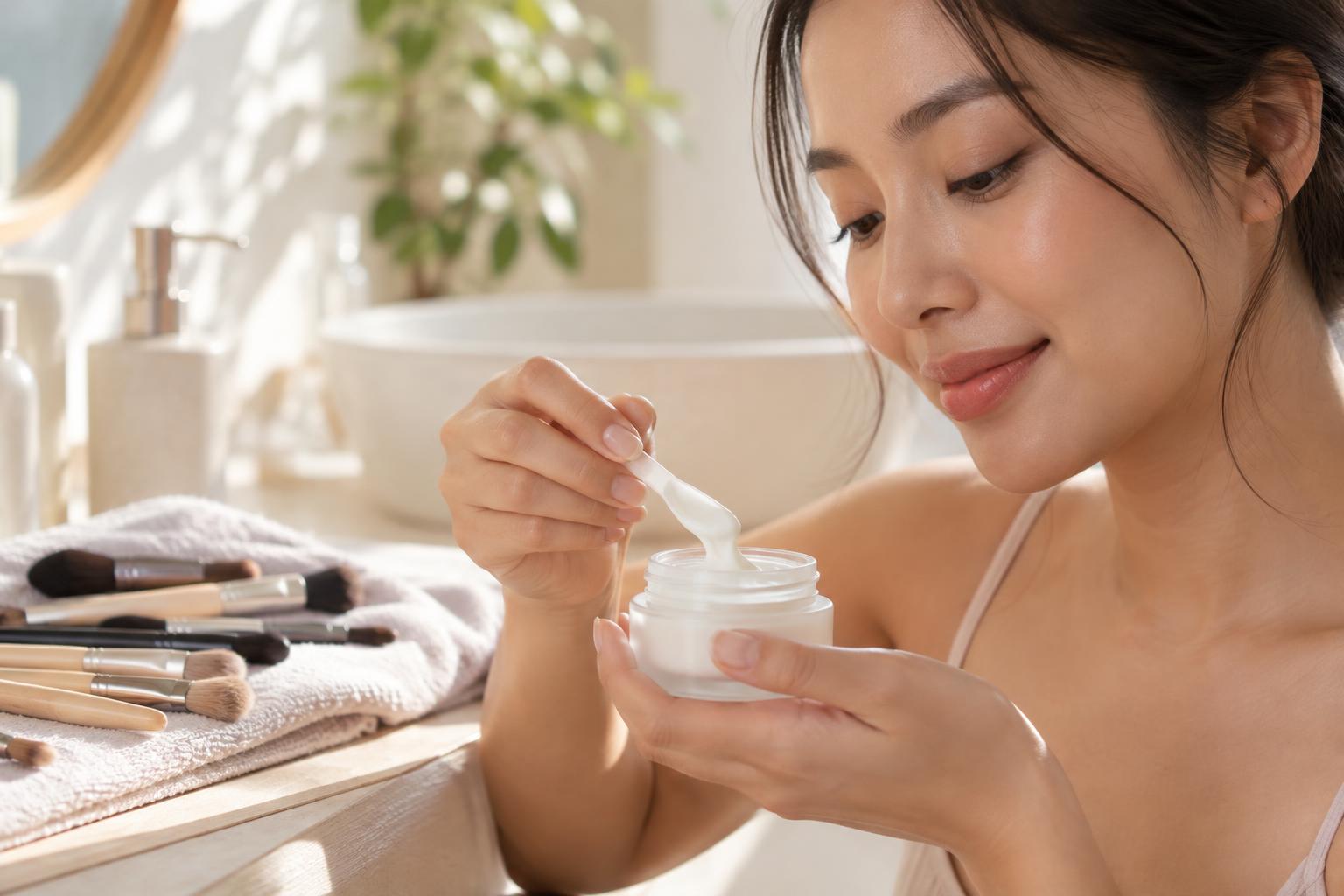 Clean spatula lifting moisturizer from a jar beside brushes drying on a towel.