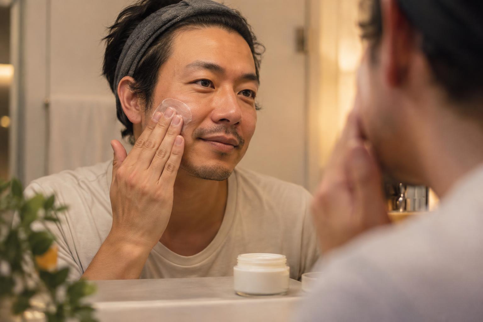 Person gently applying moisturizer to their cheek with clean fingertips.